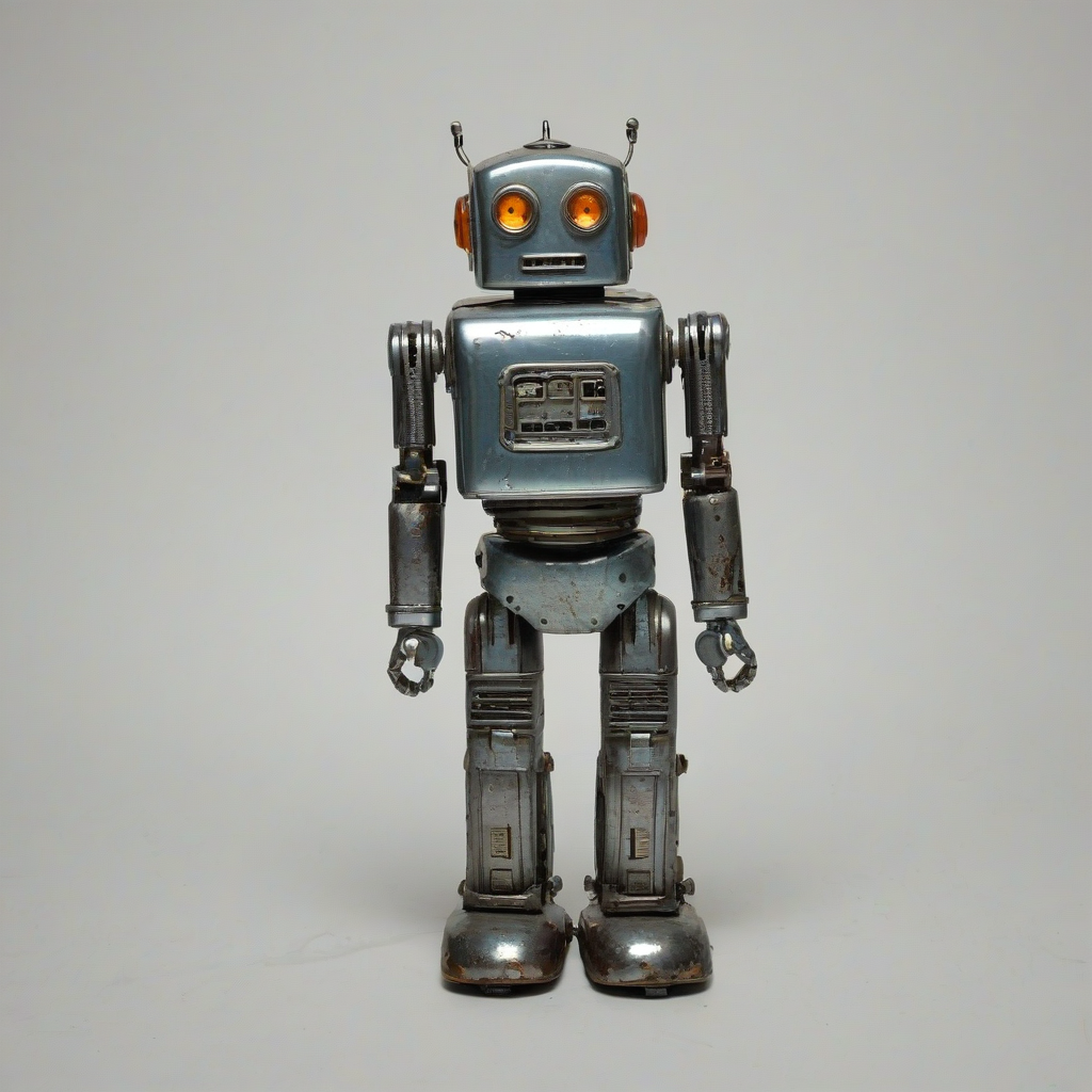 vintage metal wind up robot, on a plain white background, even lighting