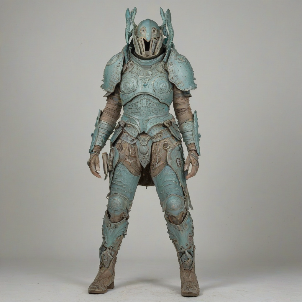 a full-body view of a piece of pastel teal armor, biopunk style, with intricate organic details, on a plain white background, wide shot, with visible textures and patterns, and a sense of futuristic and biological fusion, on a plain white background, with soft, muted, and earthy tones, and a subtle sheen, and organic, weathered, and worn look, and a mix of smooth and rough textures