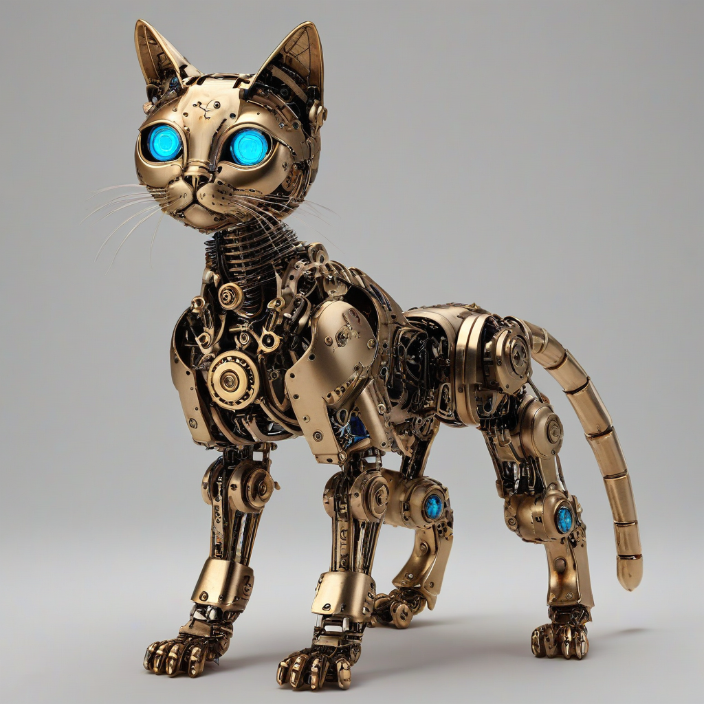 A full-body view of a bronze, dieselpunk-themed robotic cat with glowing blue eyes, metallic fur, and intricate gears visible under a transparent chest plate, set against a plain white background, in a wide shot with the cat's feet visible, with a warm, golden lighting and a sense of nostalgia, in the style of a digital illustration with bold lines and vibrant colors, on a plain white background, even lighting 