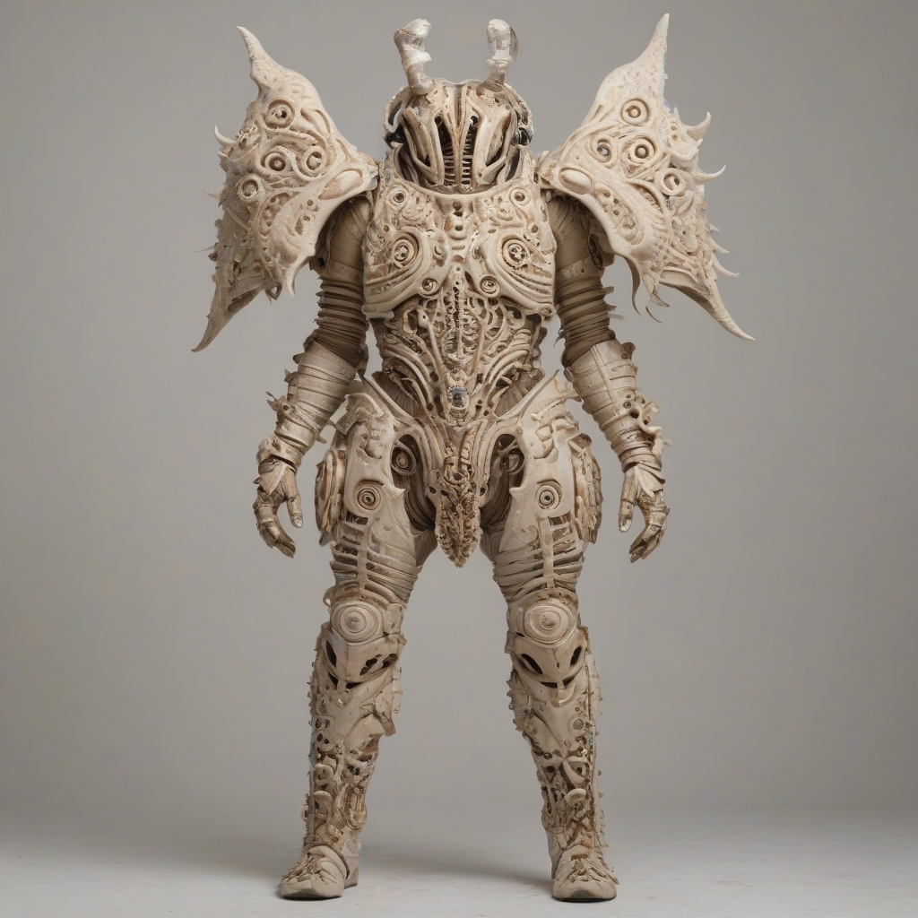 a full-body view of a piece of beige armor, biopunk style, with intricate organic details, on a plain white background, wide shot, with visible textures and patterns, and a sense of futuristic and biological fusion, on a plain white background, even lighting 