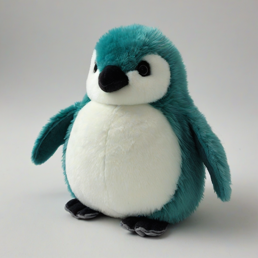 fluffy stuffed animal, baby penguin that it light and dark teal colors, on a plain white background, even lighting