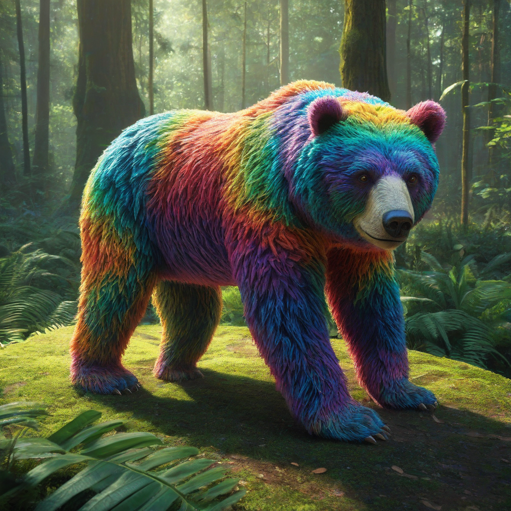 A full-body view of a rainbow bear on all fours, with a fluffy and soft texture, standing in a rainforest,  in a digital art style with bold lines and vibrant colors, with a wide-angle shot and a bird's eye view perspective, and dynamic shadows to give it a sense of depth and dimension
