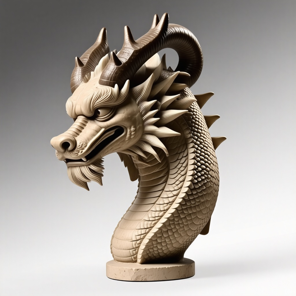 A Greek style statue of a dragon head with thick horns curling from the top of its head down and around its ears to end at the base of its jaw