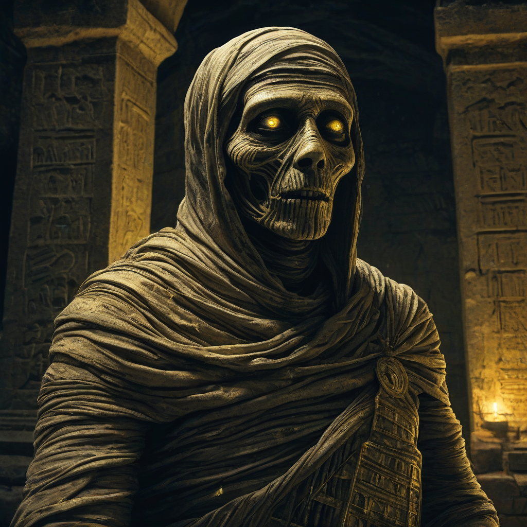 A mummy, dirty wrappings, moonlight behind him, dead yellow and sunken eyes, slight flecks of gold on his wrappings, inside of a dark crypt with a sarcophagus behind the mummy, highly detailed, digital art style