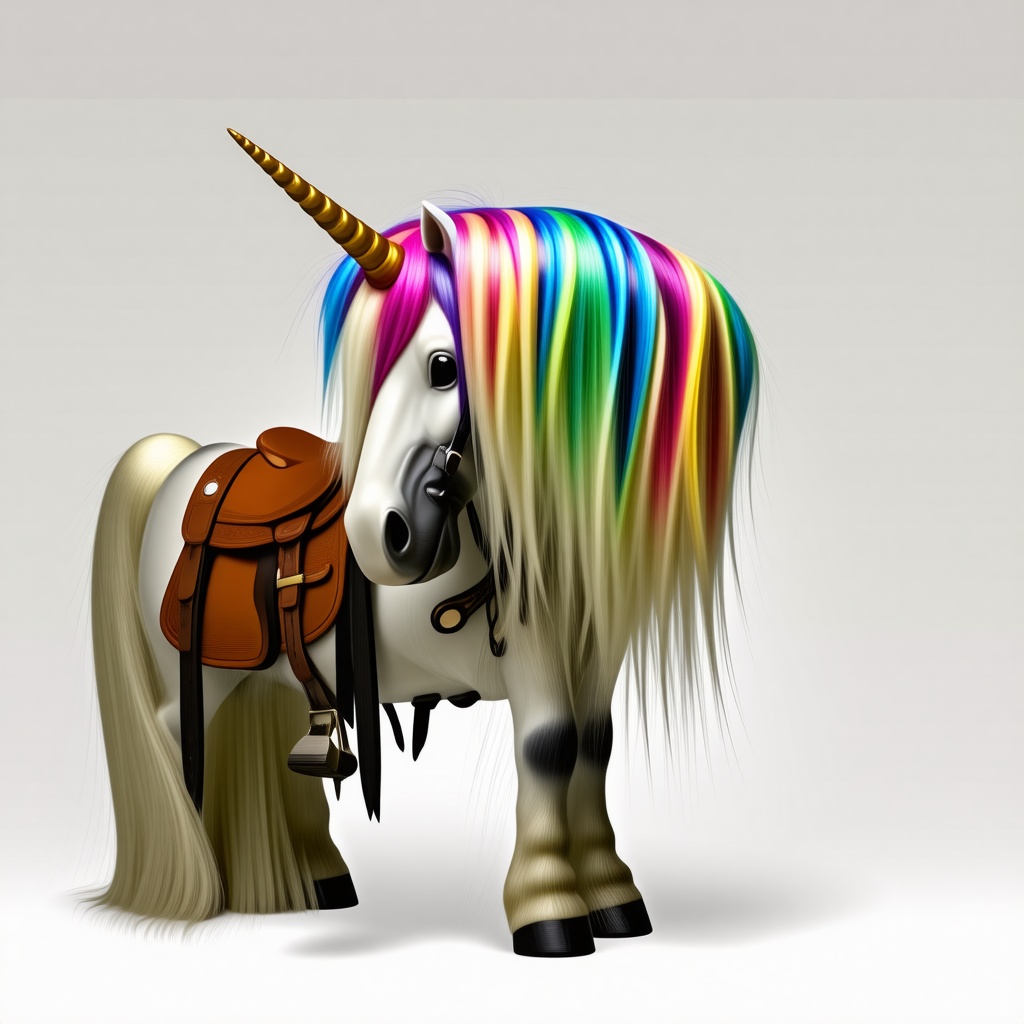 A unicorn with rainbow hair wearing a saddle