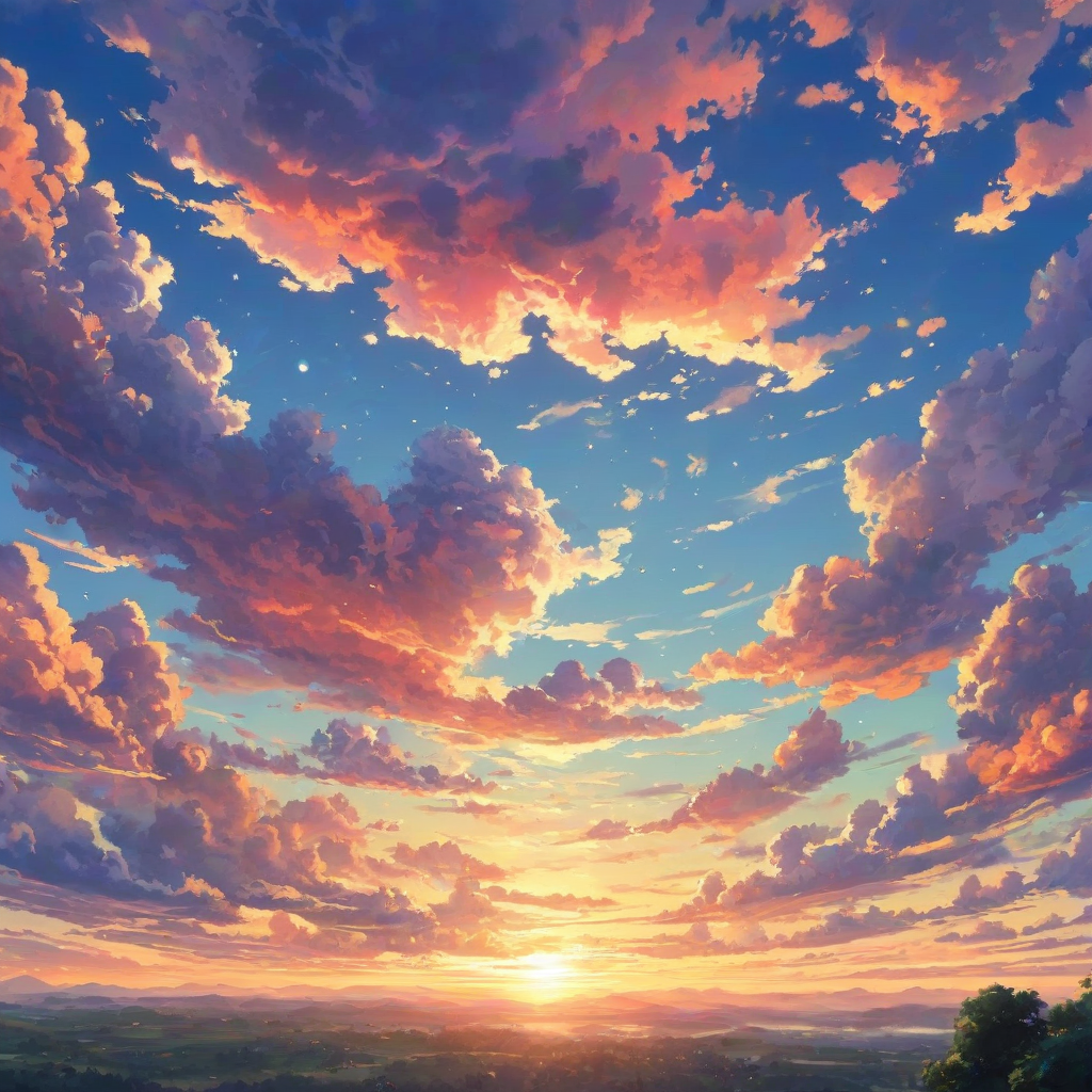 peaceful anime scene of the sky with bright colorful clouds with a sunrise and a pretty landscape below