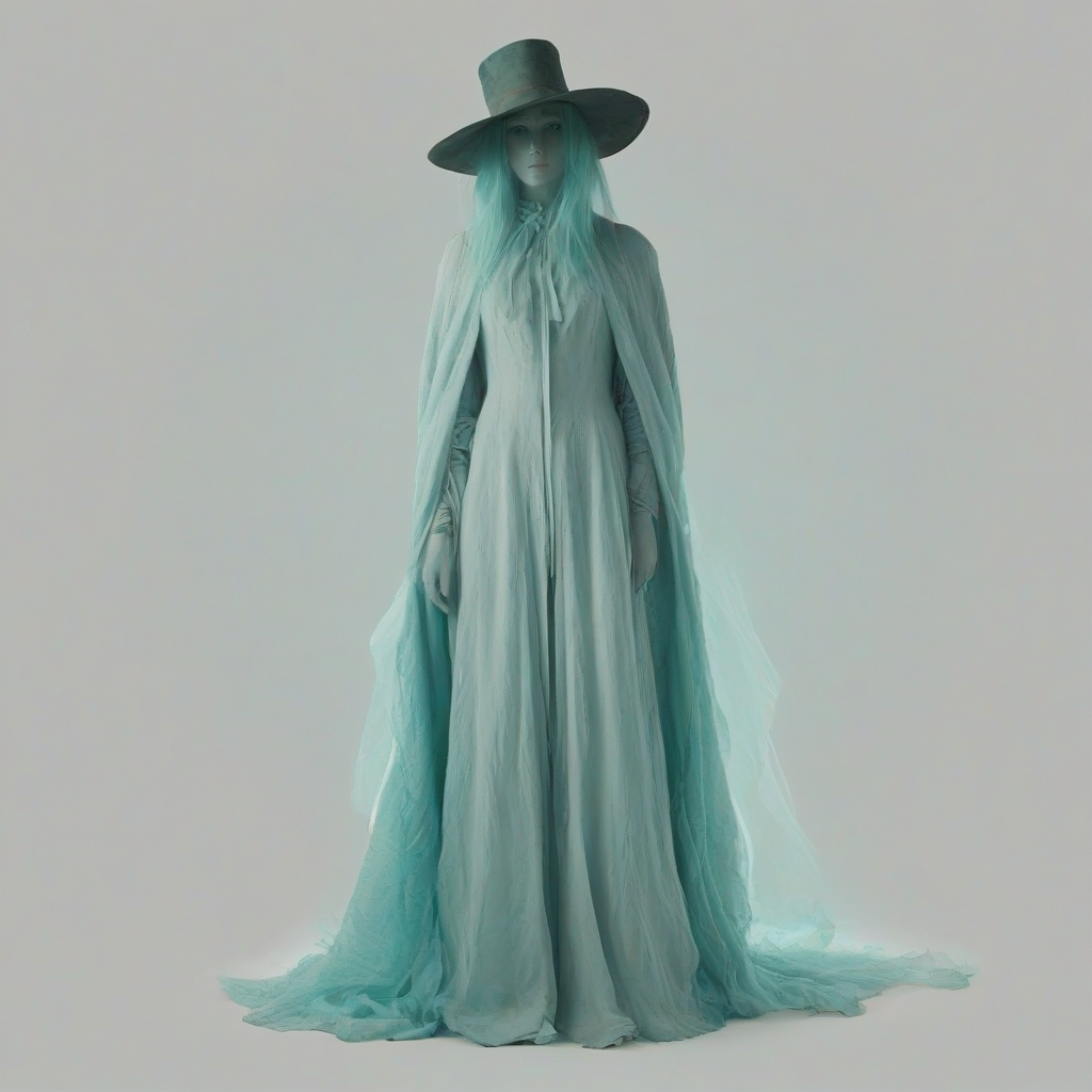 A translucent, eerie ghost from the Victorian era, dressed in tattered, turquoise-colored attire, with a wide-brimmed hat and a long, flowing coat, standing in a full-body view on a plain white background, with a soft, ethereal glow surrounding its body, in a digital art style with subtle, expressive brushstrokes and a mix of muted and vibrant colors, with a wide-angle shot and a sense of dynamic movement, as if the ghost is floating or drifting through the air, on a plain white background, even lighting 
