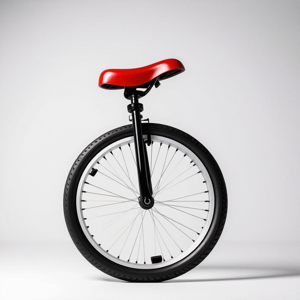 unicycle with a red seat and white wheel spokes