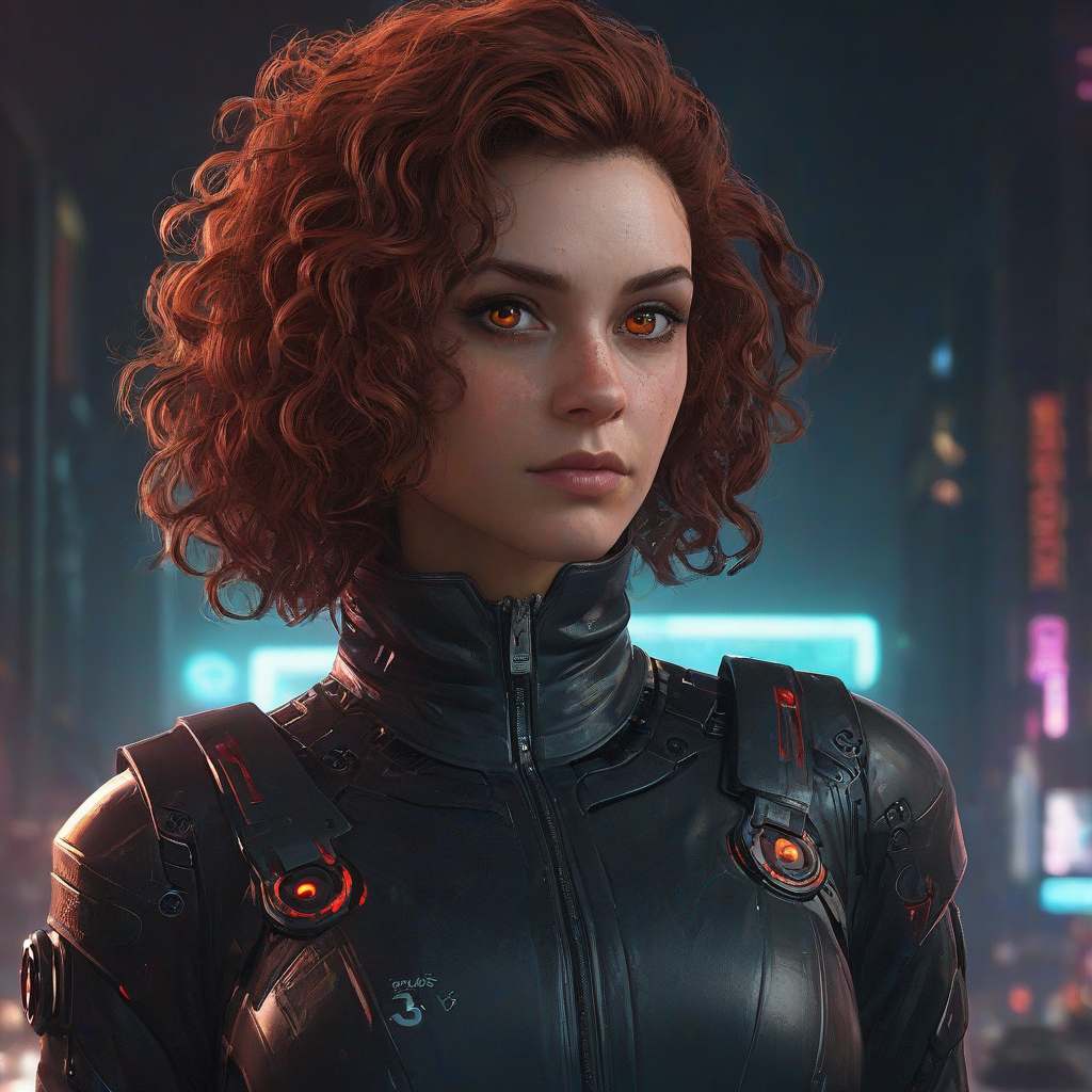 Marc Simonetti cyberpunk headshot of woman with fluffy curly reddish brown hair, glowing solid black robotic eyes, furrowed eyebrows, and a high-neck zip-up cyberpunk shirt