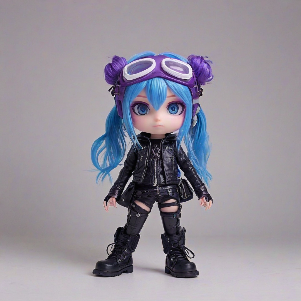 chibi anime girl, neon purple hair, bright blue eyes, goggles on top of her head, wearing punk style clothes, lace up leather boots, leggings, on a plain white background, even lighting