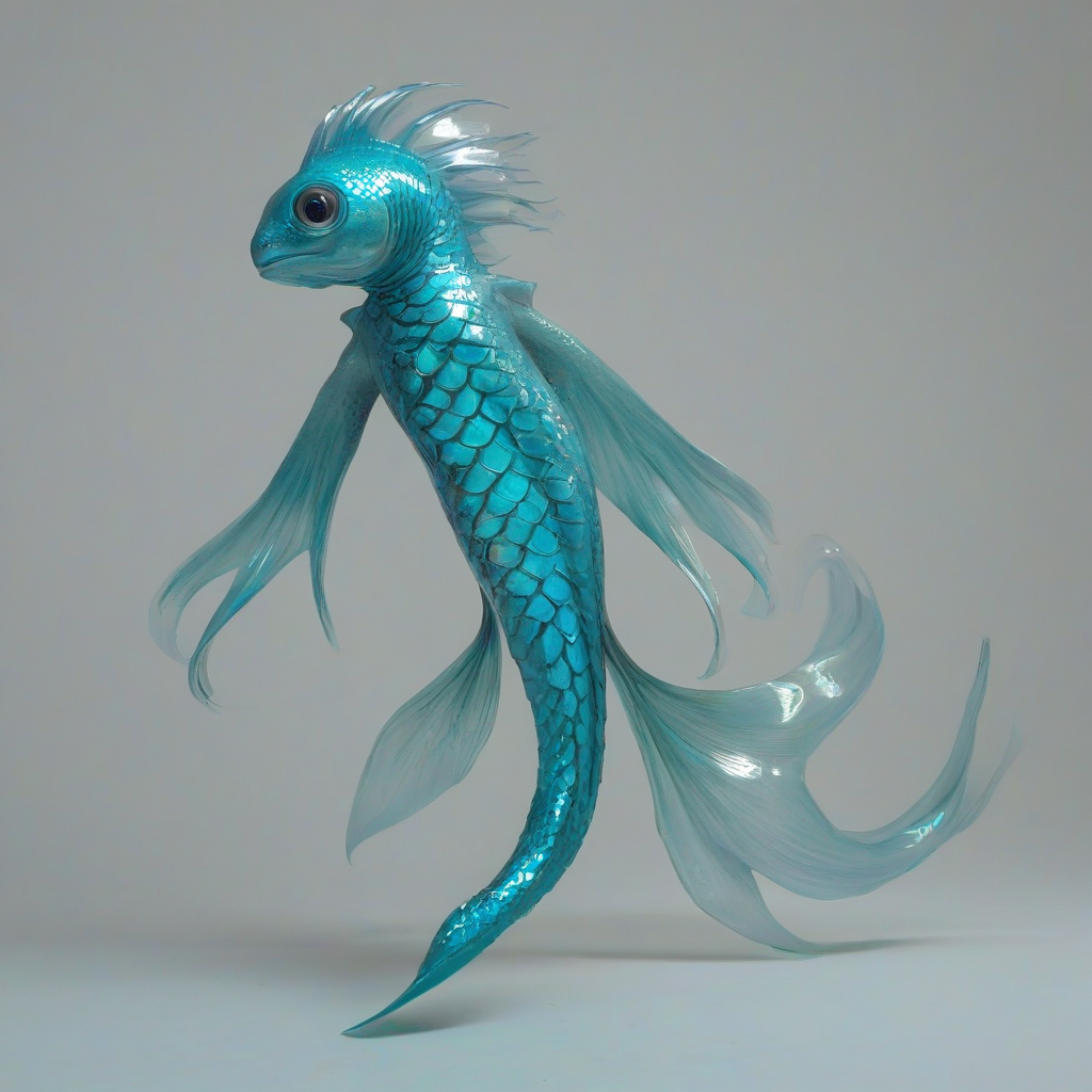 A full-body view of a vibrant, cyan-colored, anime-style underwater creature with iridescent scales, flowing fins, and large, shimmering eyes, set against a plain white background, in a wide shot, with the creature's entire body visible, including its tail and fins, in a dynamic pose, with soft, gentle lighting and subtle shading to accentuate its anime-inspired features, on a plain white background, even lighting 
