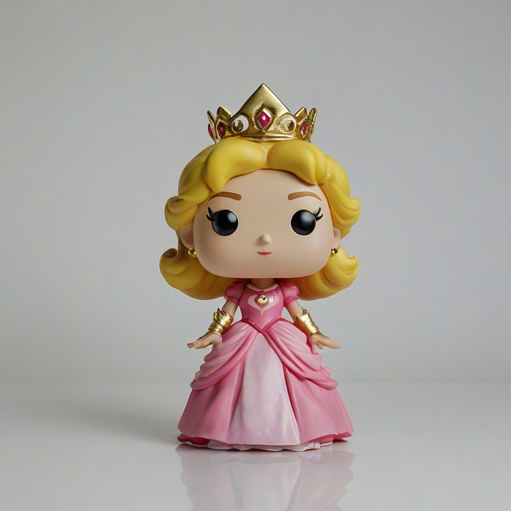A full-body view of Funko Pop Princess Peach, wearing a pink gown with a golden crown, standing on a plain white background, with a wide-angle shot, and soft, natural lighting, on a plain white background, even lighting