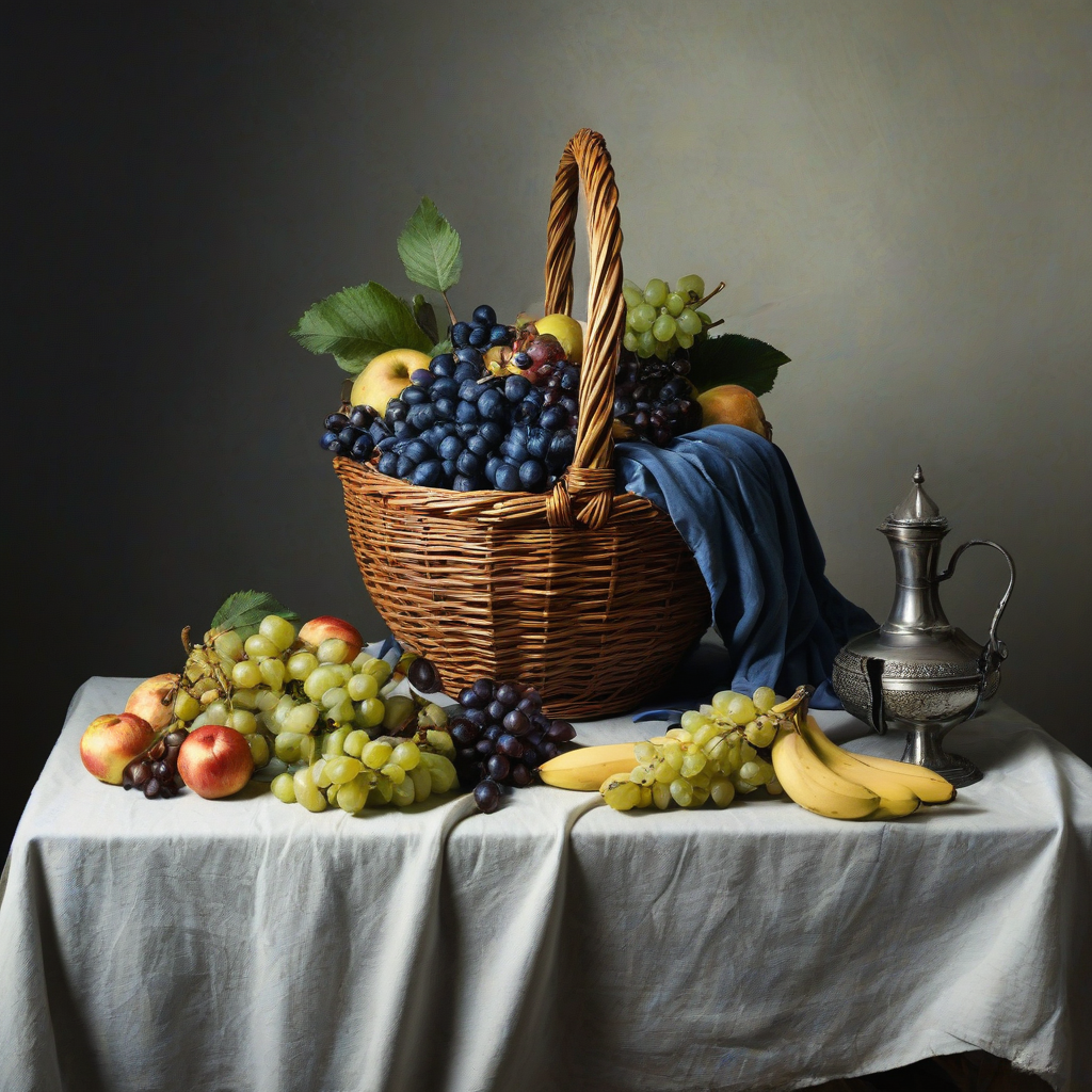A wide shot of a full-body view of a basket of assorted fruit, including apples, bananas, and grapes, set against a plain white background, with a Steel Blue colored tablecloth draped over the basket, in a medieval style still life painting, with dramatic lighting and dynamic shadows, and a sense of depth and texture, on a plain white background, even lighting