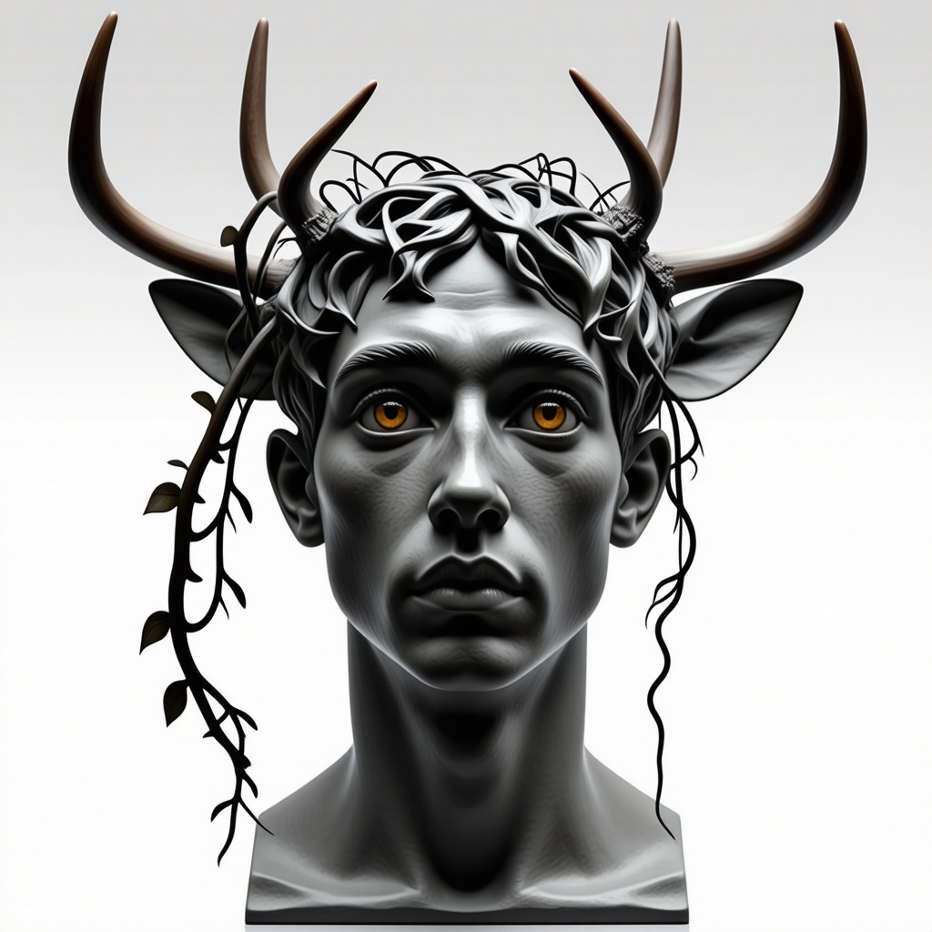 A statue bust of a young man with wide, emotionless eyes. He has deer antlers coming out of his temples and the antler are wrapped in vines that drape down into the air and onto the side of his face.
