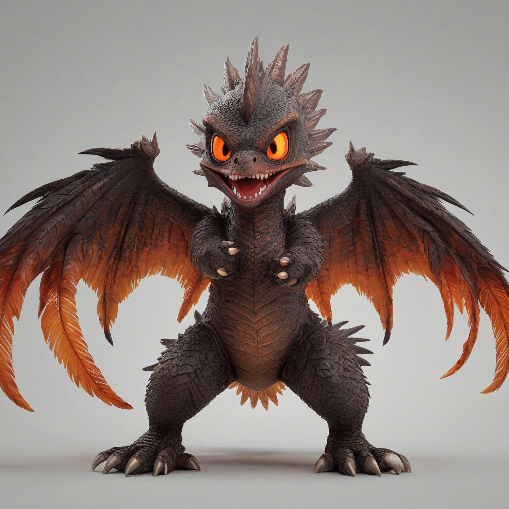 Chibi style Rodan, enemy of Godzilla, full-body view, standing on a plain white background, with a fierce expression, wings spread wide, sharp teeth and claws, fiery orange and brown feathers, glowing red eyes, in a dynamic pose, with a sense of movement and energy, digital art style, vibrant colors, high contrast, detailed textures, on a plain white background, even lighting 