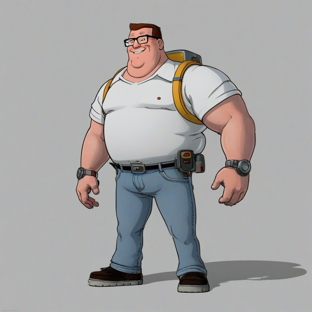 Hank Hill, a significantly overweight propane salesman from the cartoon King of the Hill, transformed into a mecha, wearing his signature white shirt and jeans, with a full-body view, wide shot, and a friendly smile, in a digital illustration style with bold lines and vibrant colors, on a plain white background, even lighting, with metallic and mechanical elements integrated into his body, such as visible armor plating, a large backpack, and glowing blue lines highlighting his circuits.