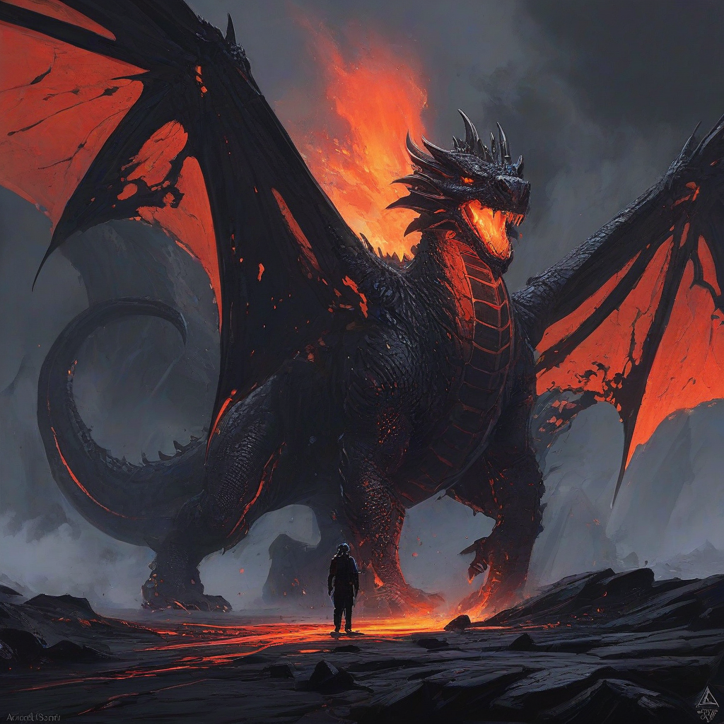 Andreas Rocha and Syd Mead art style of a lava dragon with black lava skin