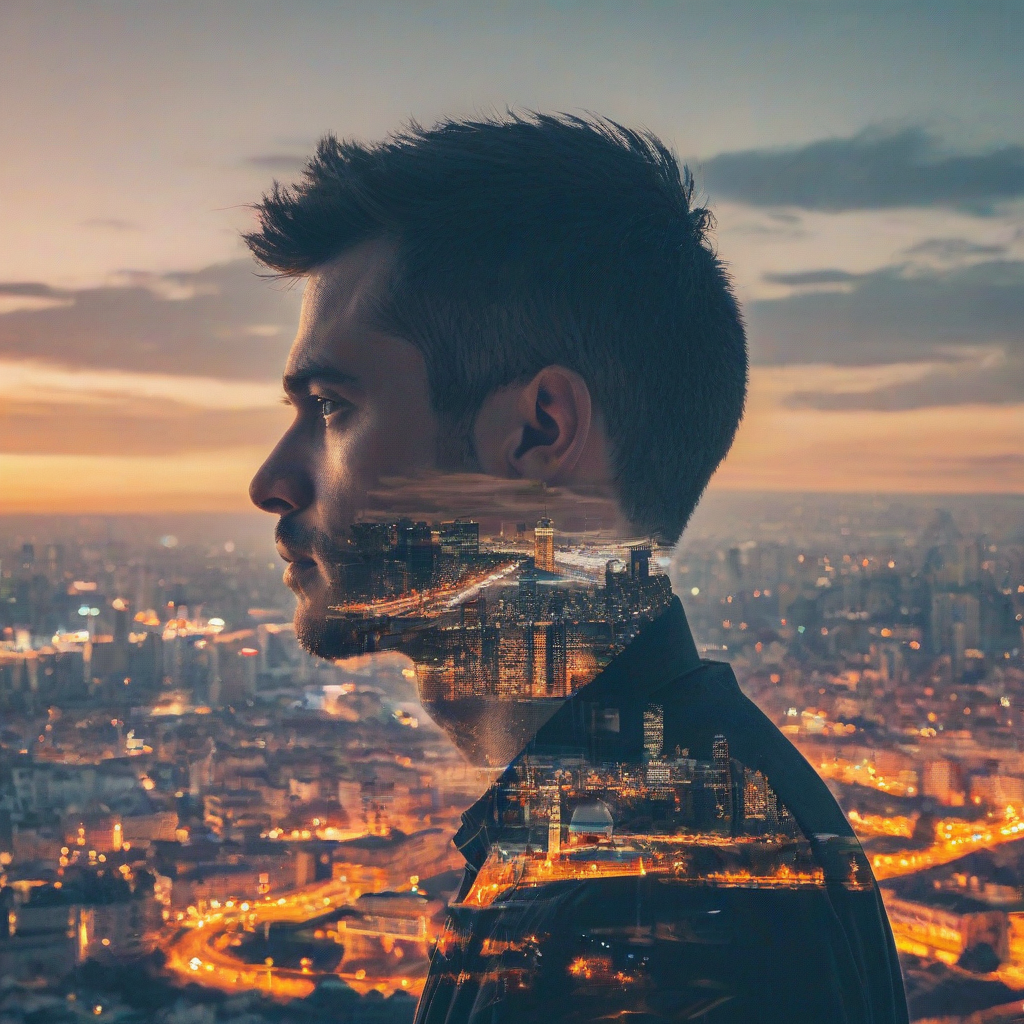 double exposure photography of a man and a sunset city