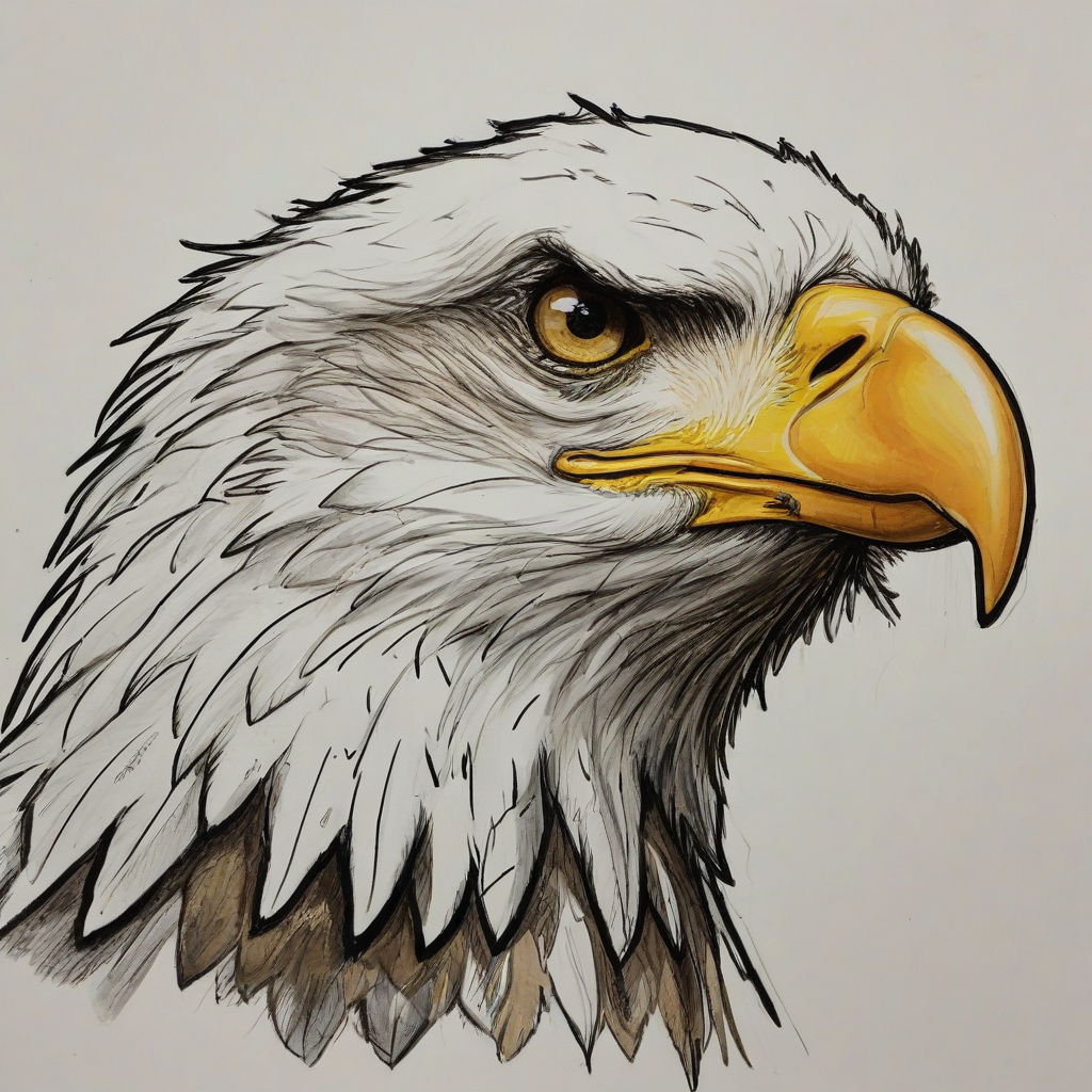 Cartoon with anime influence drawing of a bald eagle with a golden beak, on a plain white background, even lighting