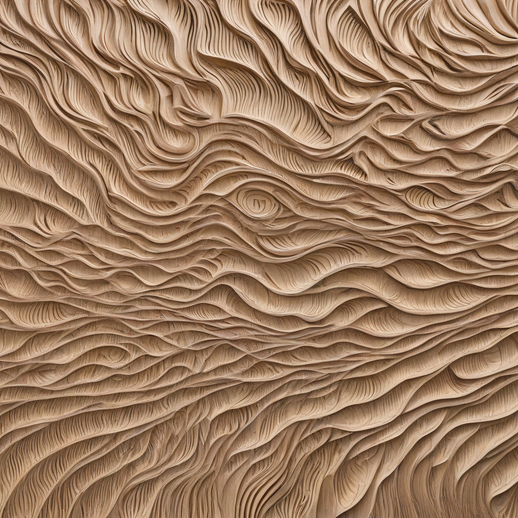 solid large 8’ by 4’ rectangular wooden wall panel installation, intricate wave-like patterns carved into wood, natural grain, warm brown, beige, and light tan, deep 3D carving, smooth ridges, on plain white background