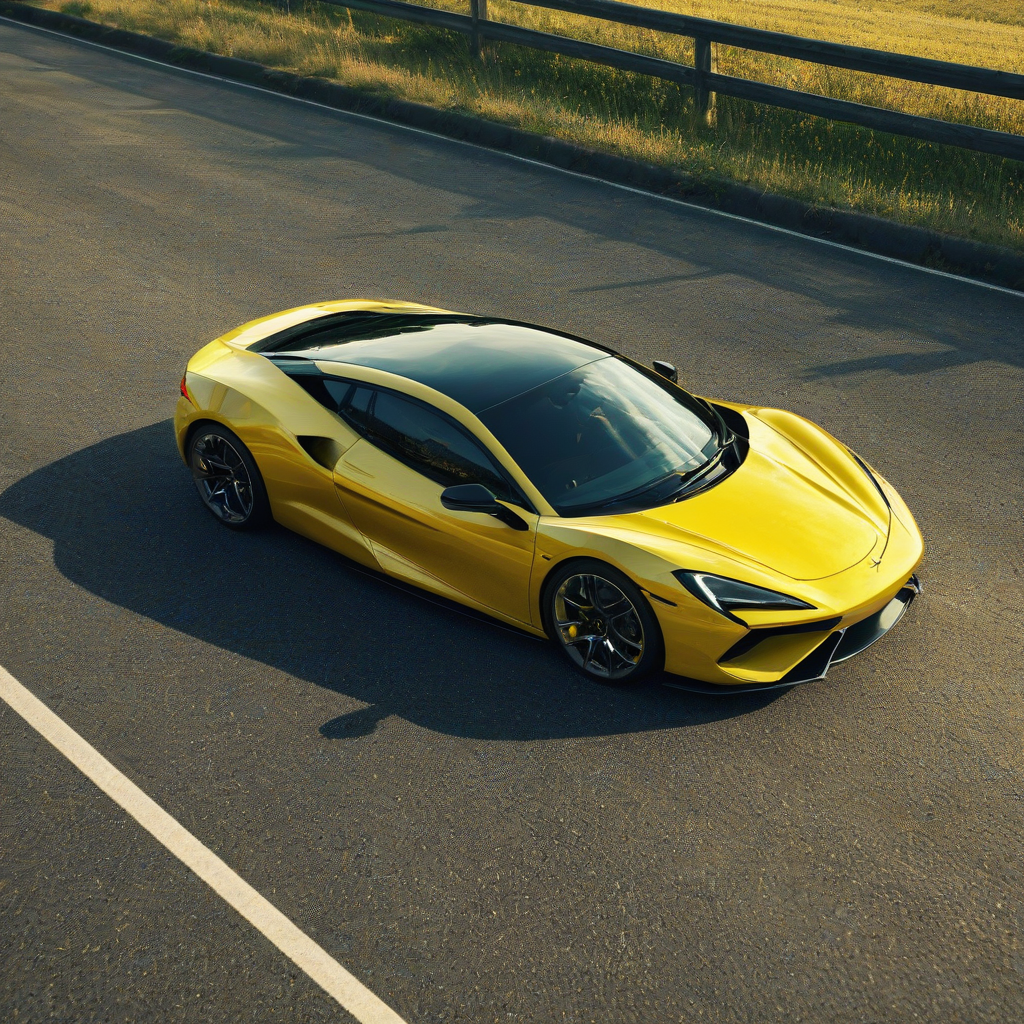 A sleek, yellow, full-body view of a sports car with a shiny finish, on a road in the countryside, with a wide-angle shot and dynamic shadows, in a digital art style with bold lines and vibrant colors