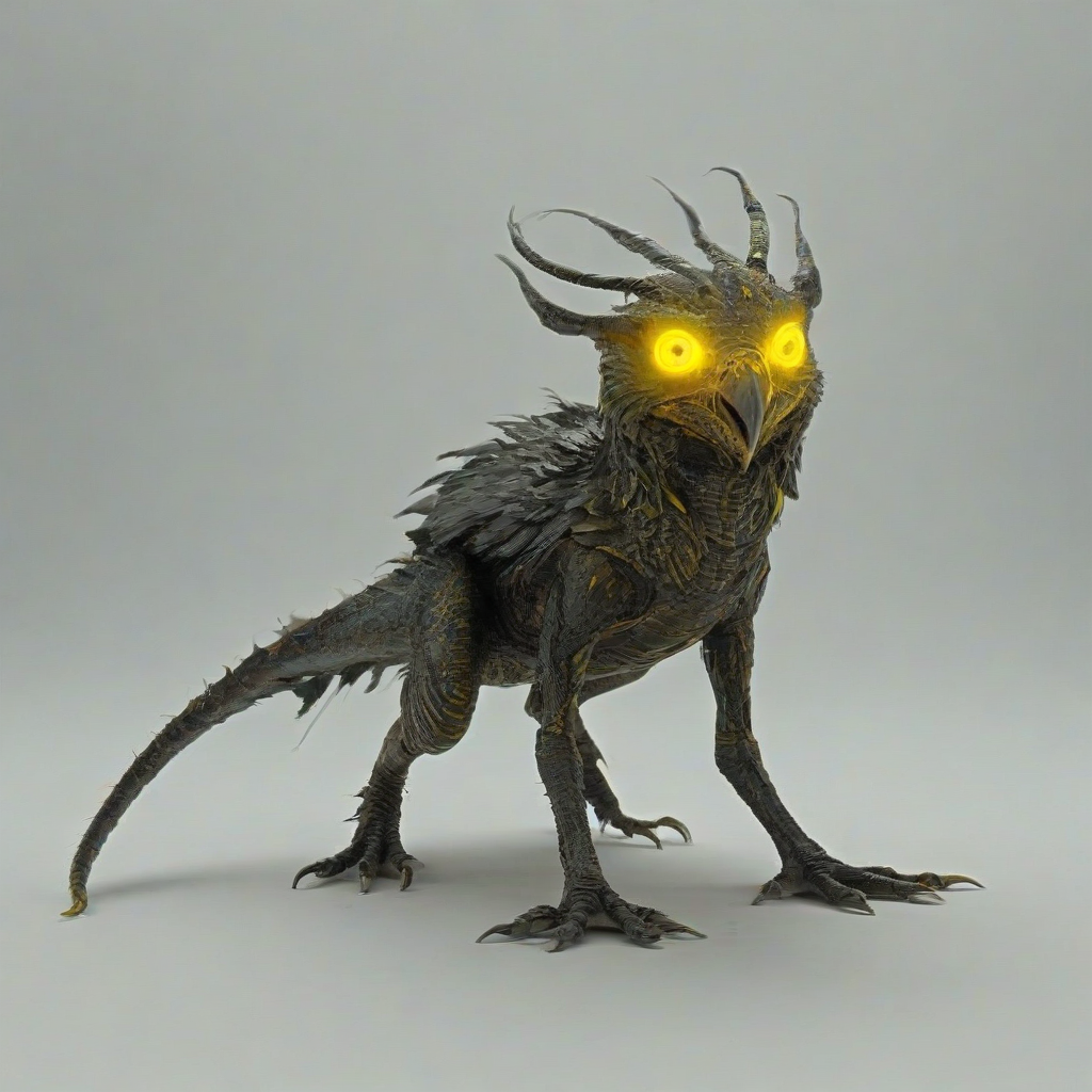 D & D style a terrifying, horror fantasy mythical creature Cockatrice, eyes that glow yellow, set against a plain white background, in a wide shot with its full body visible, including its feet, with bold lines, and vibrant, with bright lighting, on a plain white background, even lighting