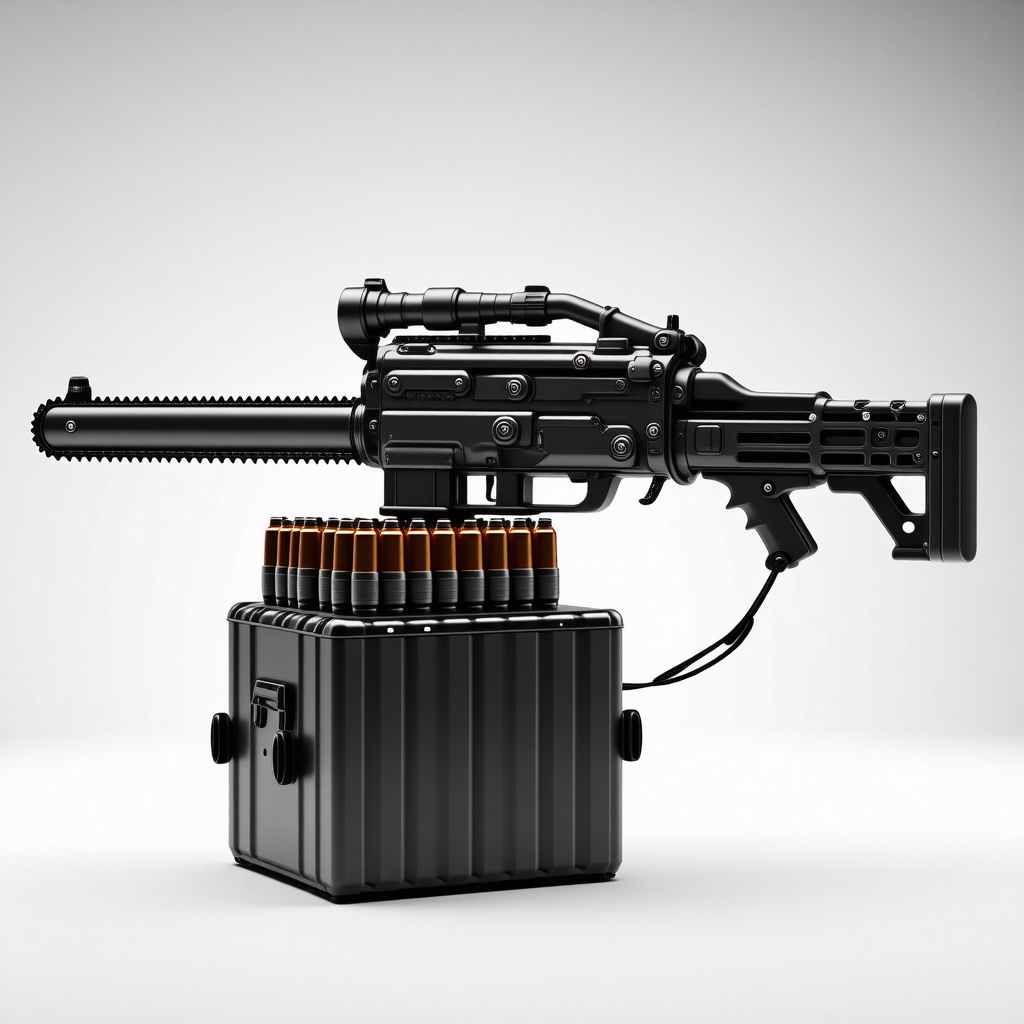 A futuristic chainsaw with a grenade launcher barrel instead of a saw blade, attached to a belt of grenades fed from a large box magazine underneath, on a plain white background, in a wide shot with the entire device visible, with a metallic finish and a sense of ruggedness, in a digital art style with bold lines and vibrant colors