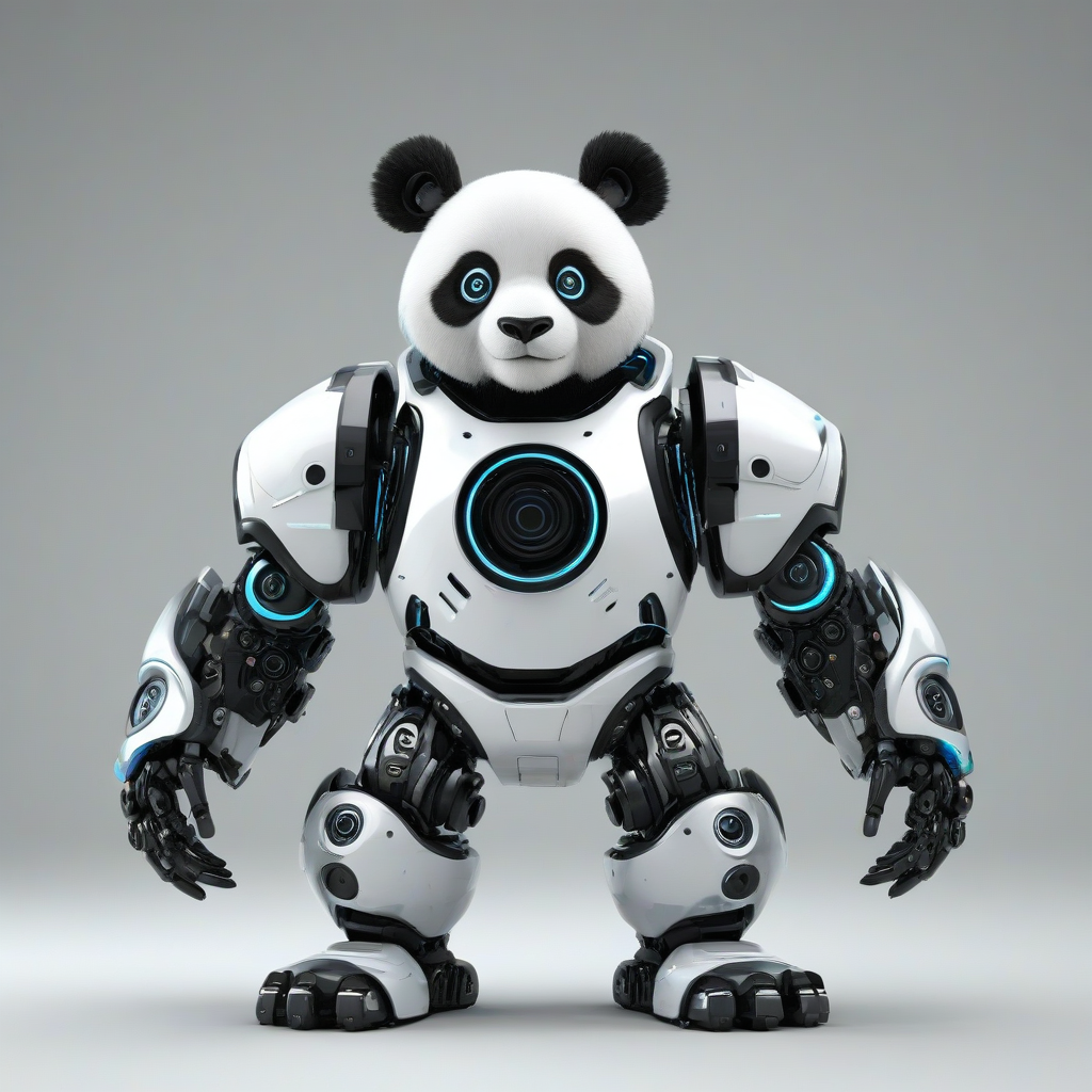 3d cartoon style panda robot, on a plain white background, even lighting