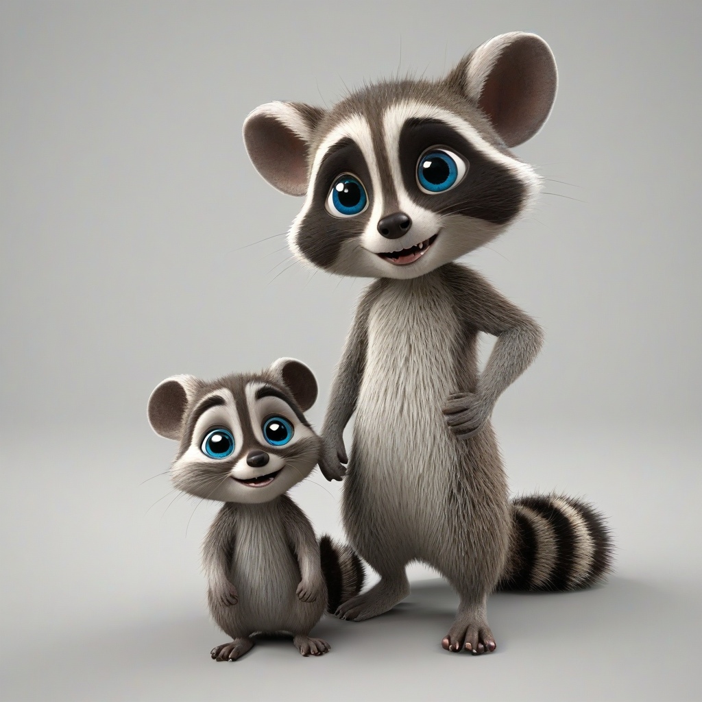 3d cartoon animation, one animal that has a mix of a baby mouse and a baby raccoon, bright and vivid colors, large eyes, short body, round features, tiny nose, tiny feet, cute, happy expression on its face, only one in the shot, full body visible, on a plain white background, even lighting