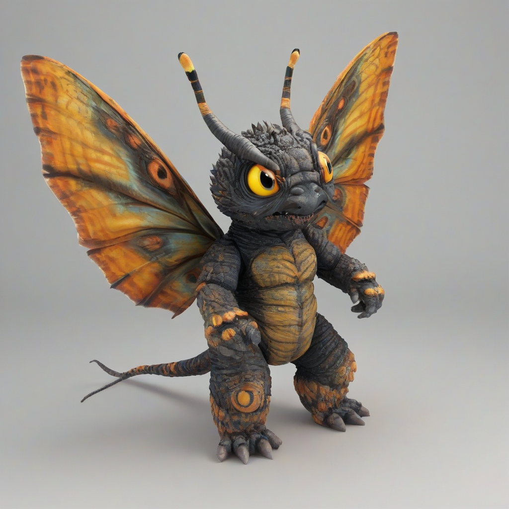 Chibi style Mothra, enemy of Godzilla, full-body view, on a plain white background, with vibrant colors and delicate wings, in a dynamic pose, with a mix of digital painting and illustration styles, wide shot, feet visible, on a plain white background, even lighting 