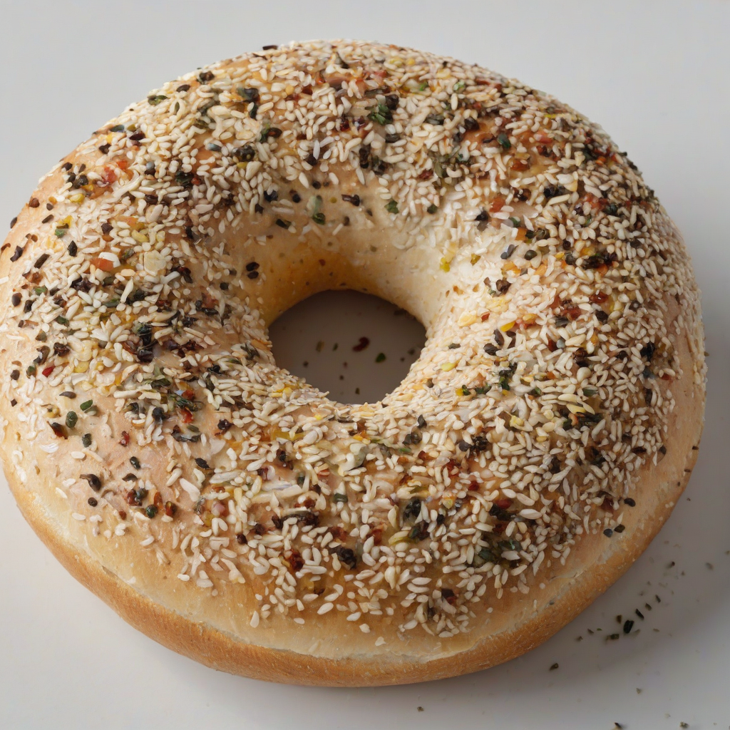 single bagel with everything seasoning, only one in the shot, wide angle shot, on a plain white background, even lighting