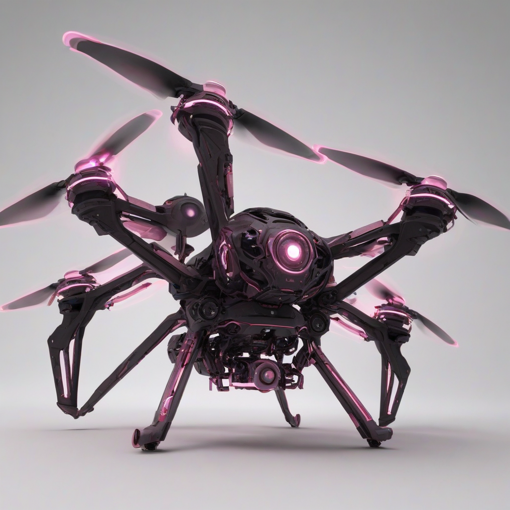 A dark fantasy themed, pink drone, with intricate details and a mystical aura, in a full-body view, with a wide shot, on a plain white background, with dynamic shadows and a hard rim light, in the style of a digital illustration
