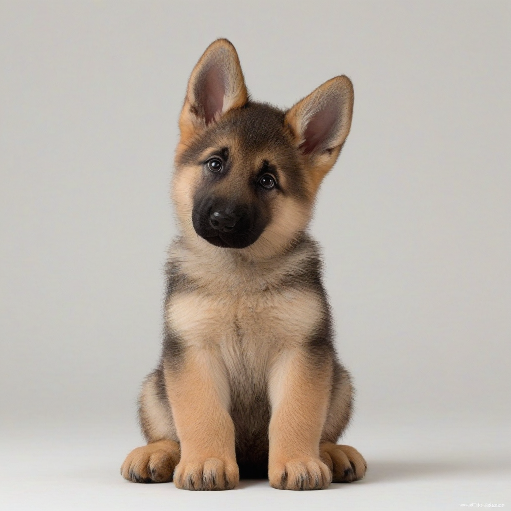 A German Shepherd puppy with a fluffy coat and big brown eyes, sitting down on a plain white background with its tail wagging slightly, in a wide shot with its paws and nose visible, photorealistic style