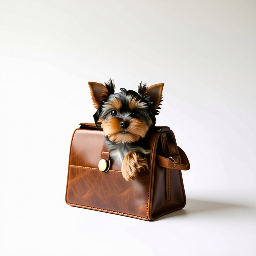 A vintage leather purse with a small Yorkie dog inside of it