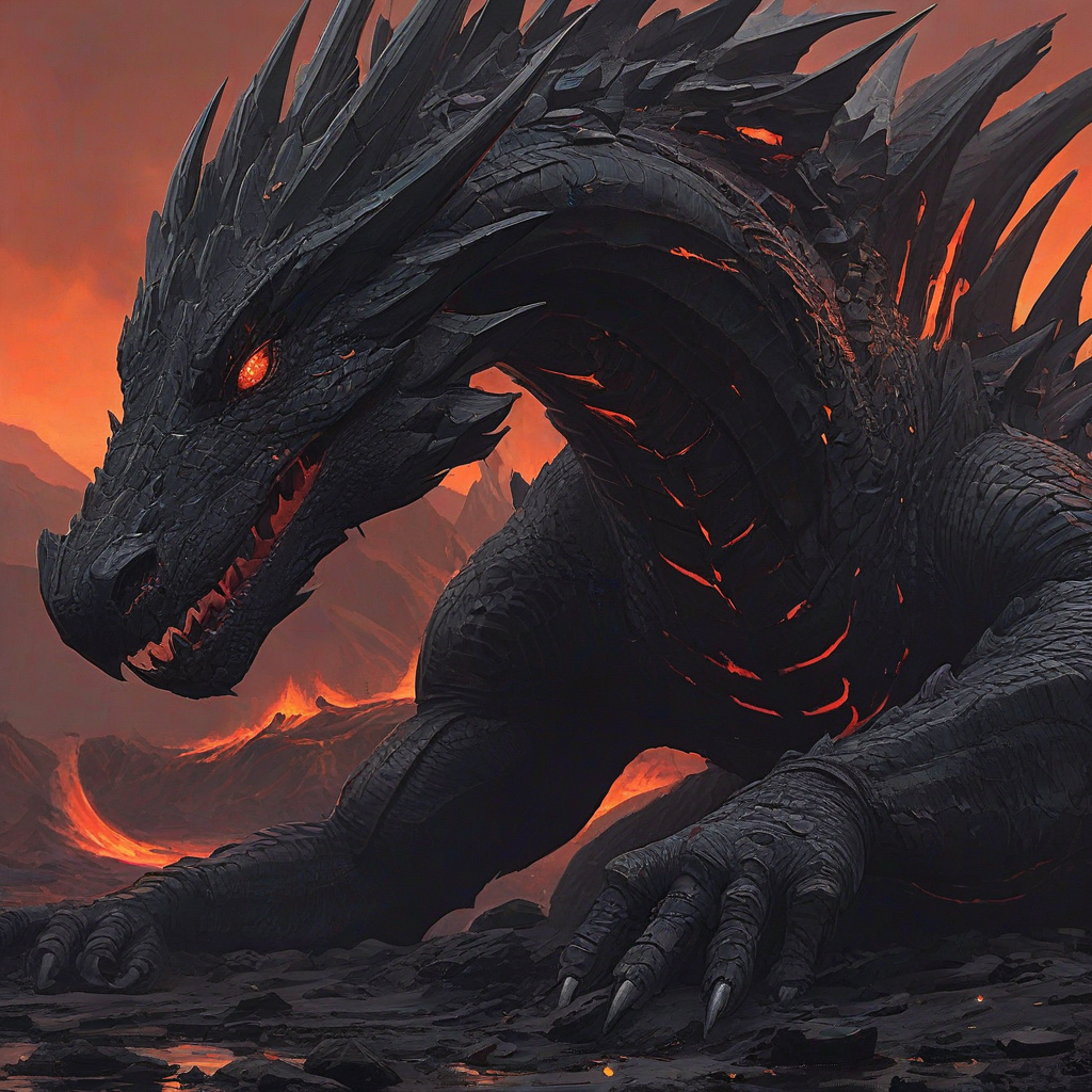 Andreas Rocha and Syd Mead art style of a lava dragon with black lava skin