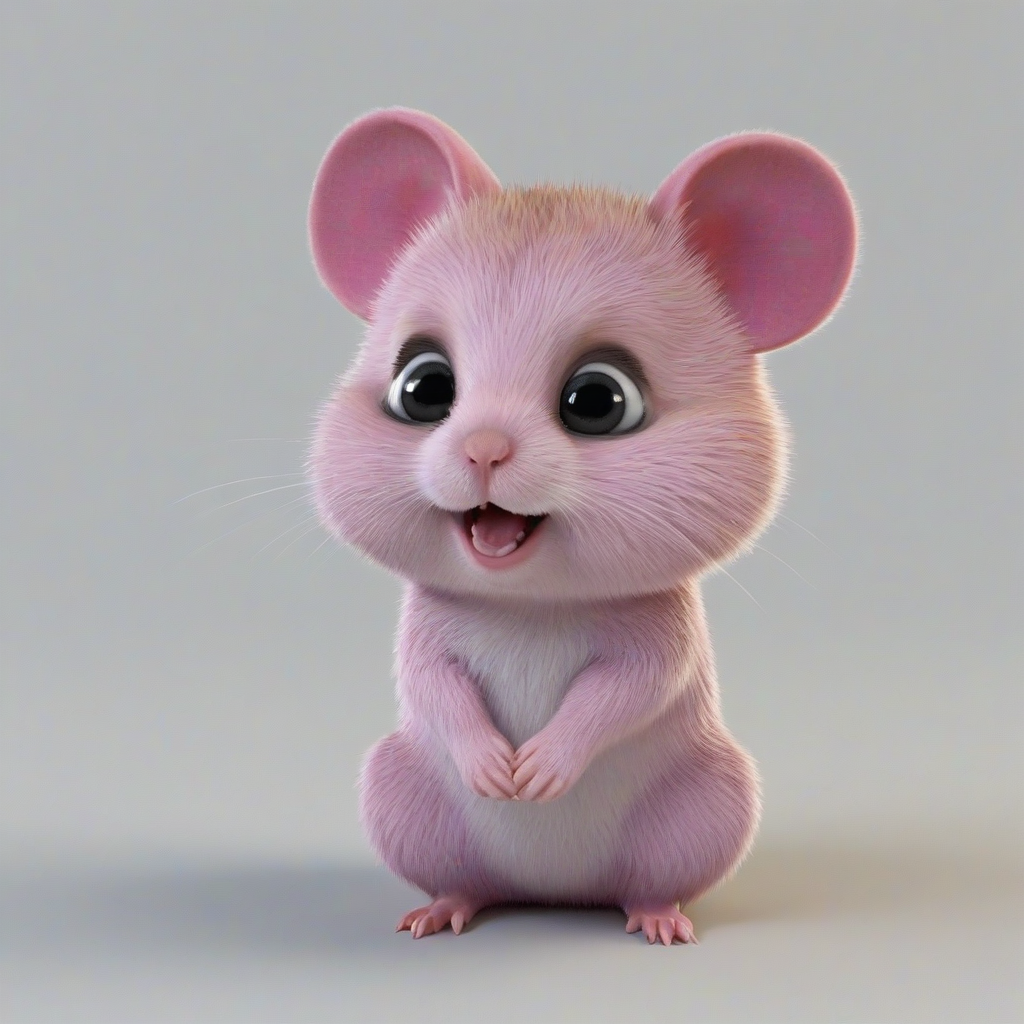 3D cartoon animation of a pink baby hamster, with glittery ears , bright and vivid colors, large eyes, short body, round features, cute, happy expression on its face, on a plain white background, even lighting