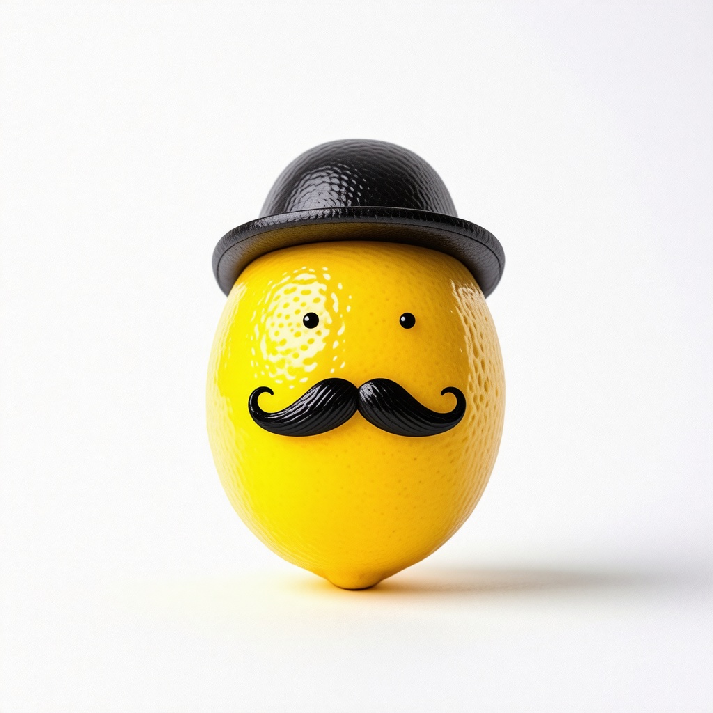 A lemon with a bowler cap and a tiny handlebar moustache