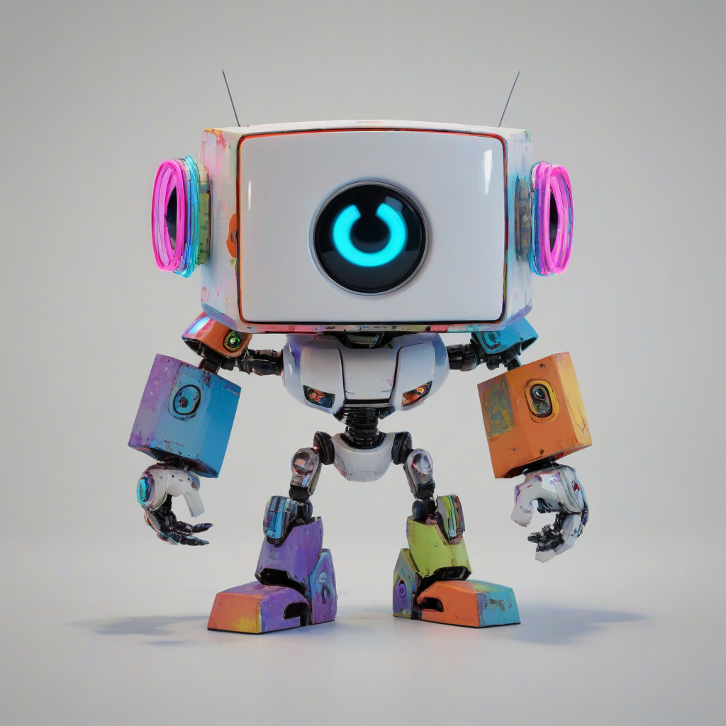 A cute, video game robot with a stumpy body, big eyes, and a cubic face, standing in a full-body view with its feet visible, on a plain white background, in a comic book art style with bold neon lines and bright colors, with a wide-angle shot and bright lighting, on a plain white background, even lighting 