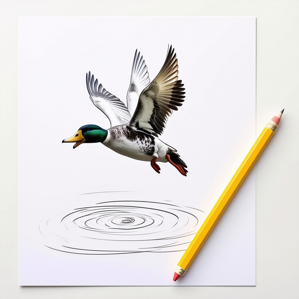 A sheet of paper with a yellow pencil next to it. Drawn on the paper is a roughly sketched duck that is flying over a crudely drawn pond