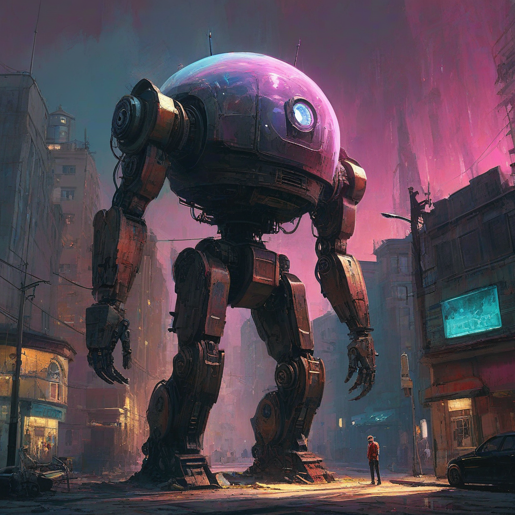 Vibrant Craig Mullins art style, hints of Sam Guay's textures & Jeremy Mann's brushstrokes, diverse colors, volumetric dusty lighting, faint glow, giant metal and glass domed building, lone figure, large robot with bright pink paint