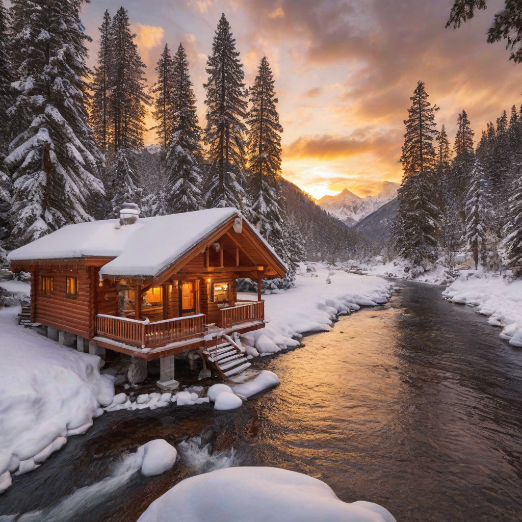 A serene log cabin with a thick layer of snow on its roof and icicles hanging down, situated next to a gently flowing stream with snow-covered banks, surrounded by tall pine trees, set against a backdrop of snow-covered mountains with the sun setting over the mountain top, casting a warm orange glow, full-body view, wide shot, feet visible, on a plain white background, in the style of a winter wonderland landscape painting