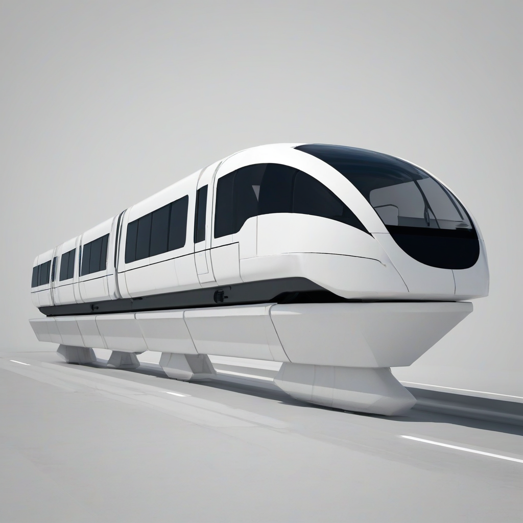 A futuristic, white, brutalist-style monorail train, with a wide shot, full-body view, on a plain white background, with dynamic shadows and a hard rim light, in a digital art style, with clean lines and minimal texture