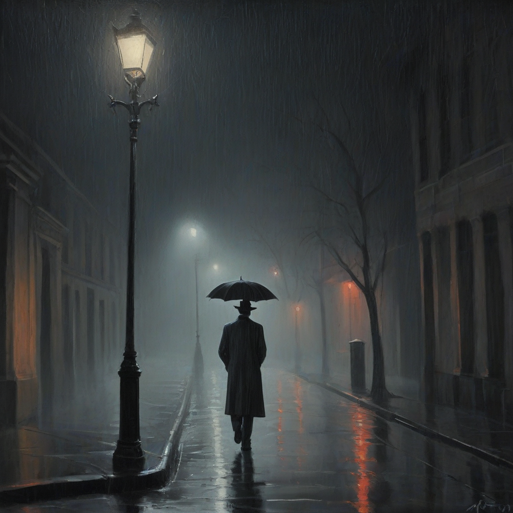 A film noir style painting of a solitary, rain-soaked street at night, with a lone figure in a long coat and fedora walking down the sidewalk, illuminated only by the faint glow of a streetlamp, with bold brushstrokes and vibrant colors, in a wide shot with the figure visible from head to toe, set against a plain white background