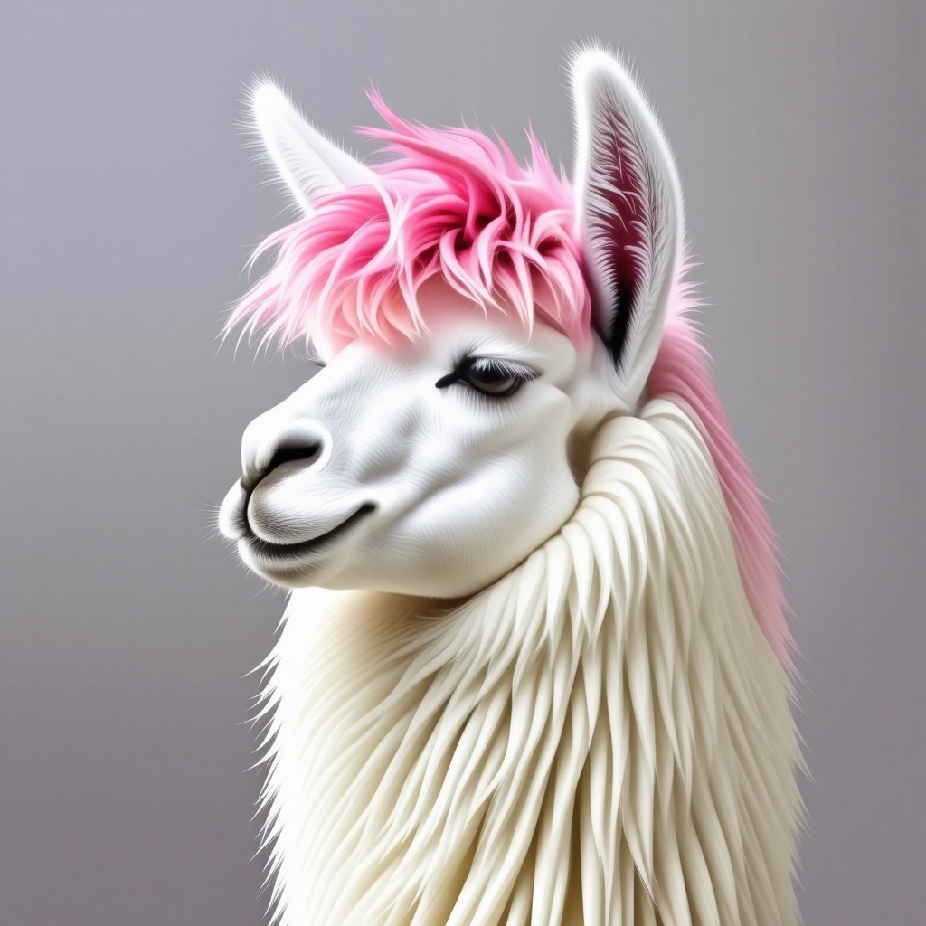 white llama with pink mane