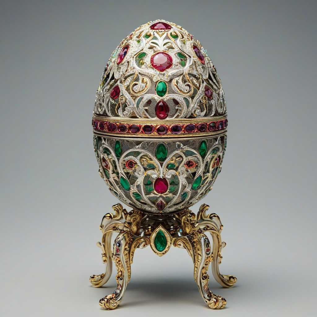 A highly detailed, ornate Fabergé egg, full-body view, with intricate gold and silver filigree, adorned with precious gems, including diamonds, rubies, and emeralds, on a plain white background, in a wide shot, with soft, warm lighting, and a slight sheen to the egg's surface, in the style of a realistic, high-end jewelry photograph, on a plain white background, even lighting