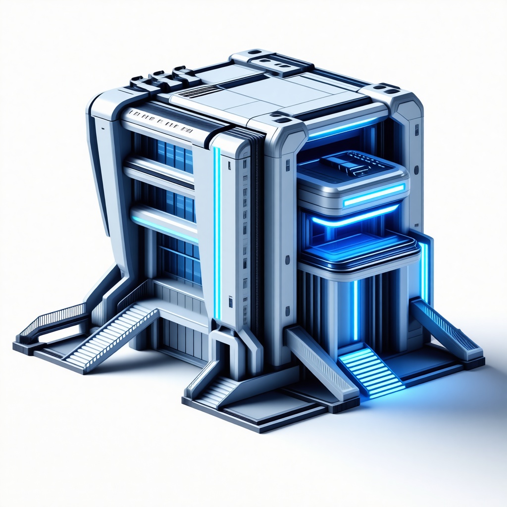 A futuristic human faction vehicle construction building with a sleek, metallic design and neon blue accents, set on a plain white background, with a wide shot view of the building, showcasing its angular architecture and vibrant colors, in a digital art style with sharp lines and detailed textures, with a sense of dynamism and energy, as if the building is humming with activity, full-body view, feet visible, on a plain white background, for a real-time strategy game