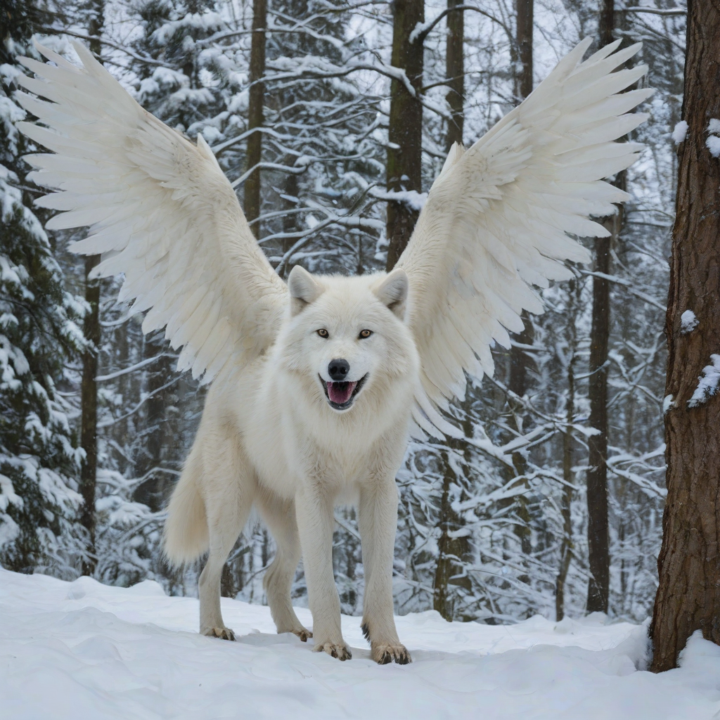 White wolf with large wings on its back in a snowy forest