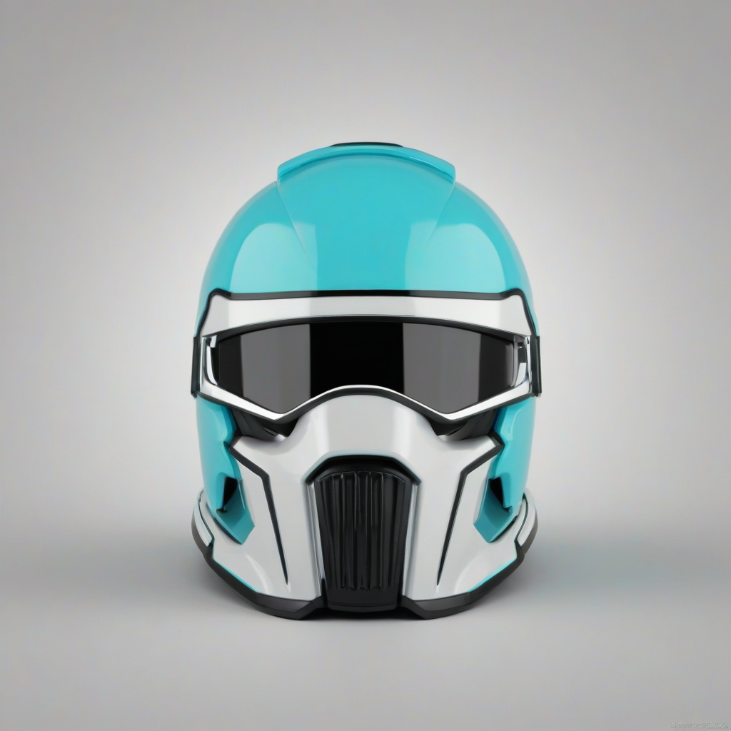 A full-body view of a cyan cartoon helmet, with a wide shot, on a plain white background, in a digital art style with bold lines and vibrant colors, with dynamic shadows and a backlight, and the helmet is facing forward with its visor visible and its straps and buckles detailed, on a plain white background, even lighting 