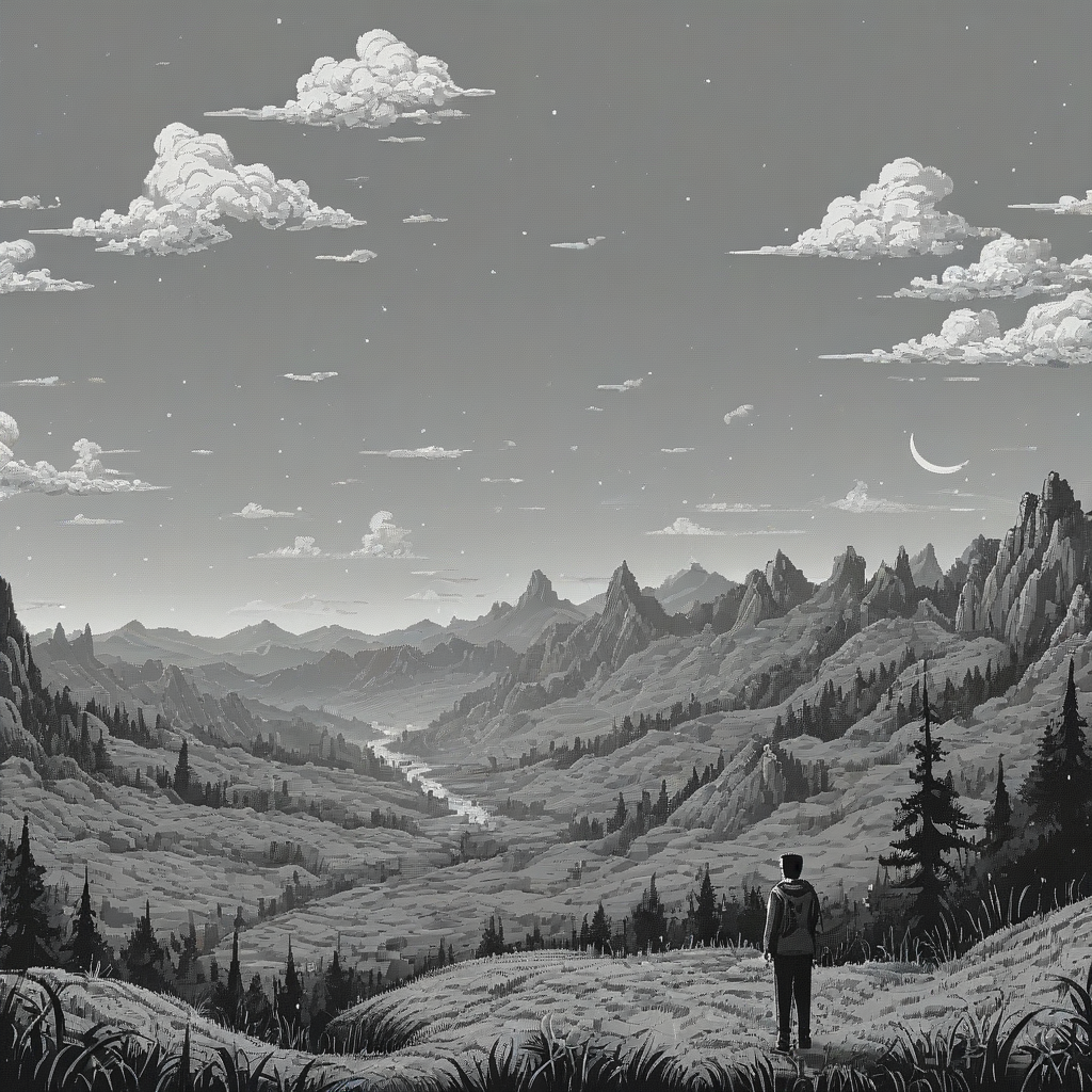 Cute black and white pixel art of a person looking at a pixel art landscape