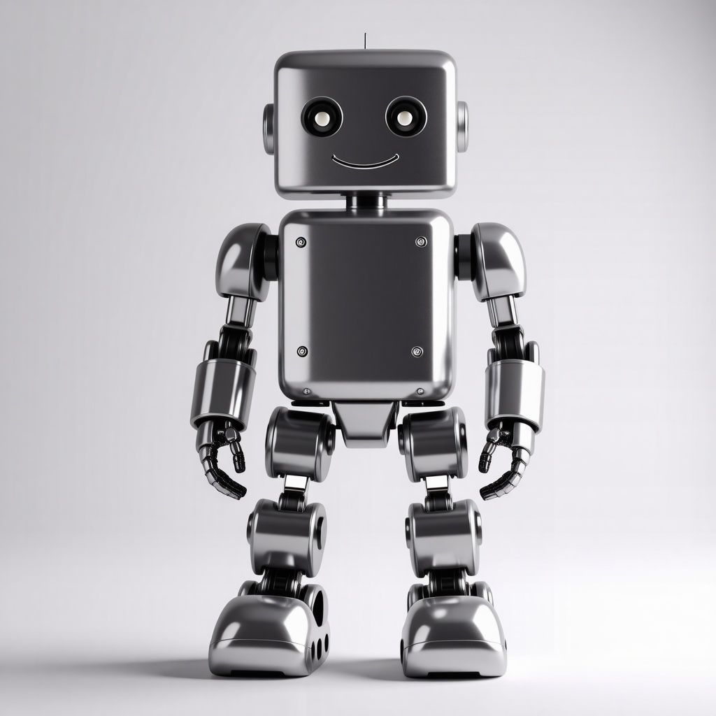 Create a 3D model of a toy robot with a sleek, metallic finish. The robot should have a boxy torso, a rounded head with small circular eyes and a slight smile, and short, stubby arms with simple hands. Its legs should be sturdy with oversized, flat rectangular feet for stability. Include small details like joint bolts and a smooth, reflective surface to emphasize its toy-like appearance. The overall design should be cute and minimalist, with a shiny silver color. make the feet large